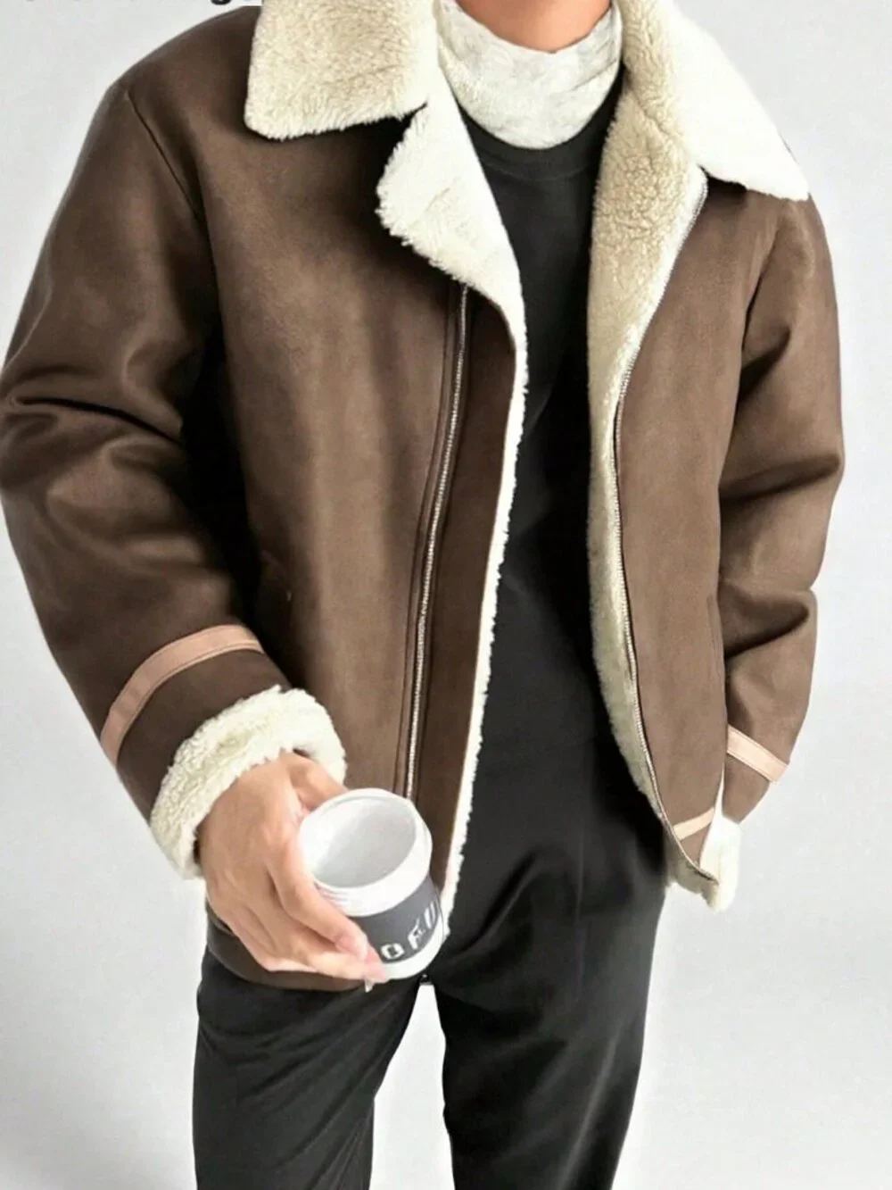 Khaki Loose Fit Men's Zip-Outer Sports Thermal Lined Coat